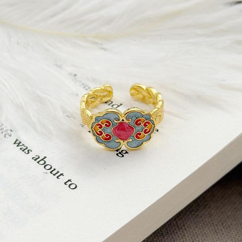 Styl Narodowy Emaliowany Kwiat Ruyi Otwierany Regulowany Pierścionek Damska Moda Lekki Luksusowy Styl Dworski Pierścionek