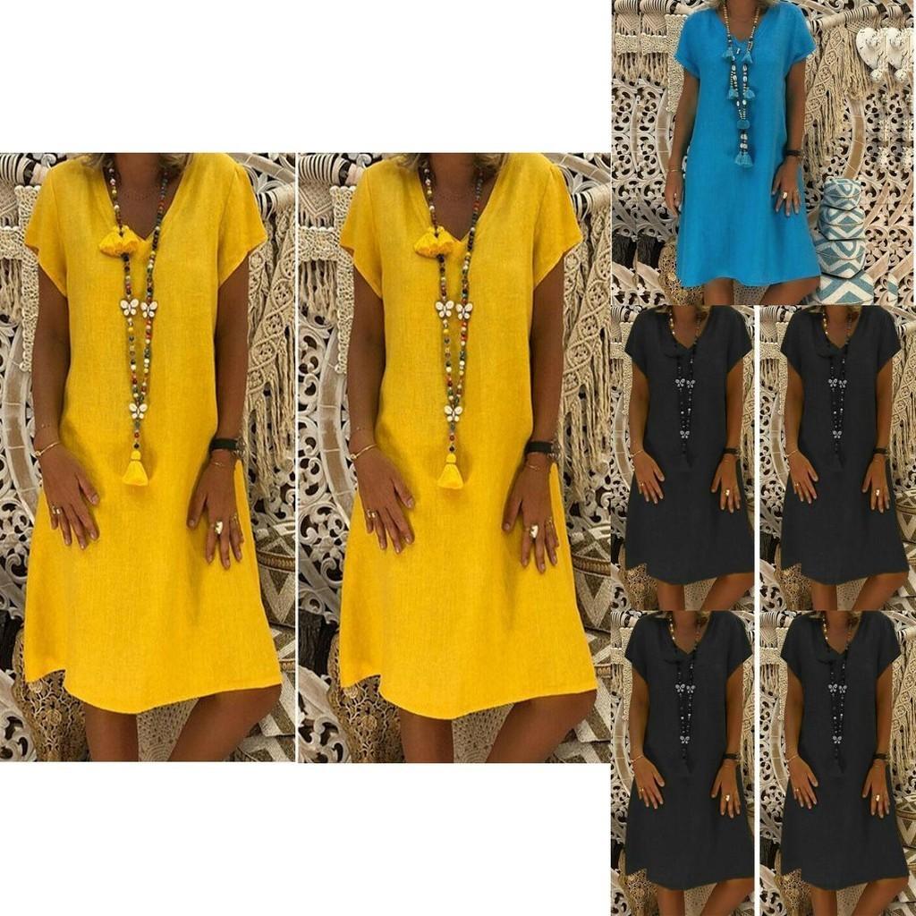 Robe Tunique Midi Élégante d'Été à Manches Courtes et Col en V pour Mode Grande Taille