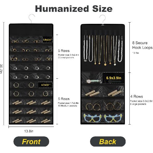 Hanging Jewelry Organizer with Multi-size pockets Double-Sided Jewelry Holder for Earrings, Necklaces, Rings on Closet, Wall, Door,Jewelry Organizer
