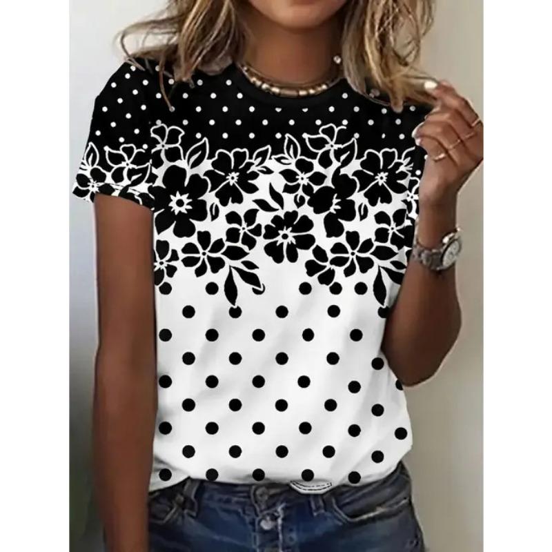 Summer Casual Style Round Neck Pullover Short Sleeved Top with 3D Floral Pattern Printed Women's T-shirts
