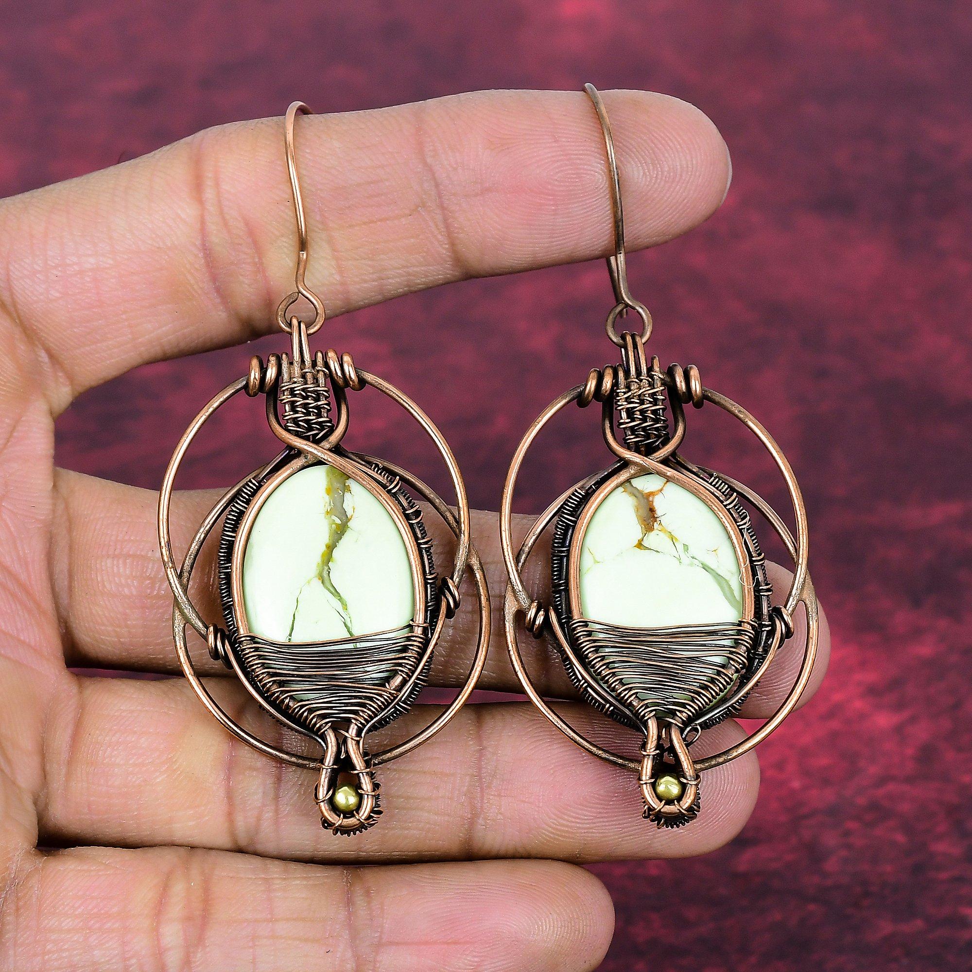Lemon Chrysoprase Earring Natural Gemstone Earrings Copper Wire Wrapped Jewelry