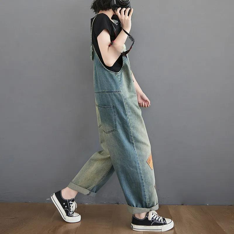 Džínové kombinézy Dámské letní nadměrné velikosti Korejský styl Omlazující kontrastní barva Patch Kombinéza Kalhoty Trend