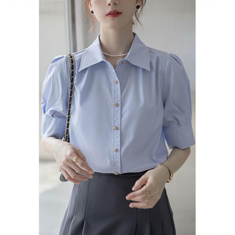 Blue Shirt Interview Summer New French Commuting Shirt Temperament Short-sleeved Professional Polo Collar Top