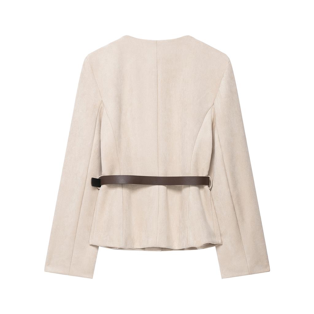 Women's Fashion Belt Suede Solid Color Suit Long-Sleeved Jacket