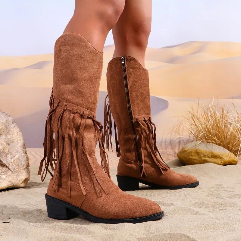 

Мода 2024 Горячая Распродажа Обувь Женская Боковая Молния Женские Сапоги Осень Круглый Носок Замша Однотонные Высокий Голенище Блочный Каблук Сапоги с Кисточками Botas De Mujer 43 светло-коричневого
