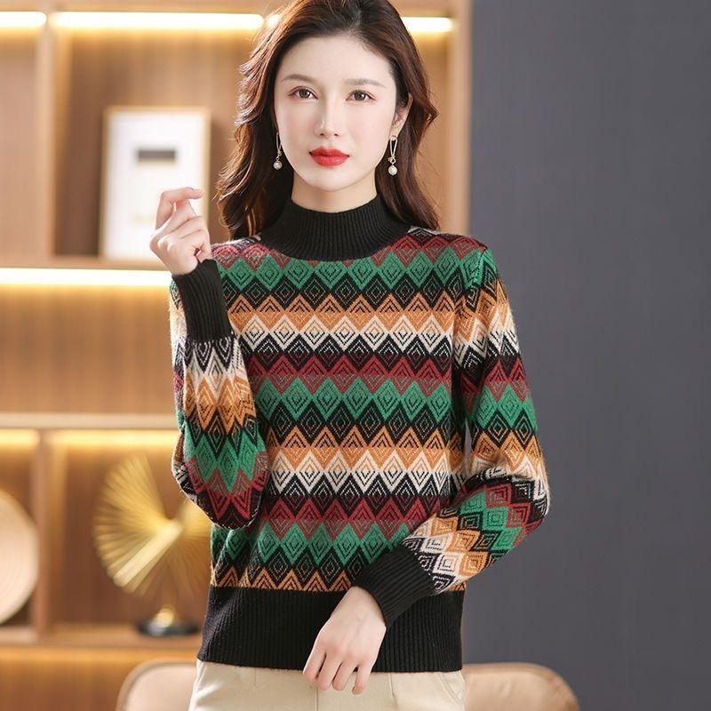 New Autumn Winter Fashion Rainbow Diamond Lattice Age-reducing Fashionable Thick Pullover Loose Half Turtleneck Knitted Sweater