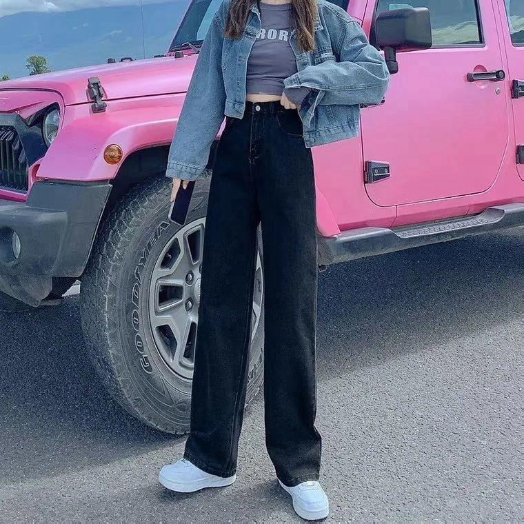 

Straight tube loose jeans women s new high waist black thin versatile wide leg vi mopping pants tide S чёрный