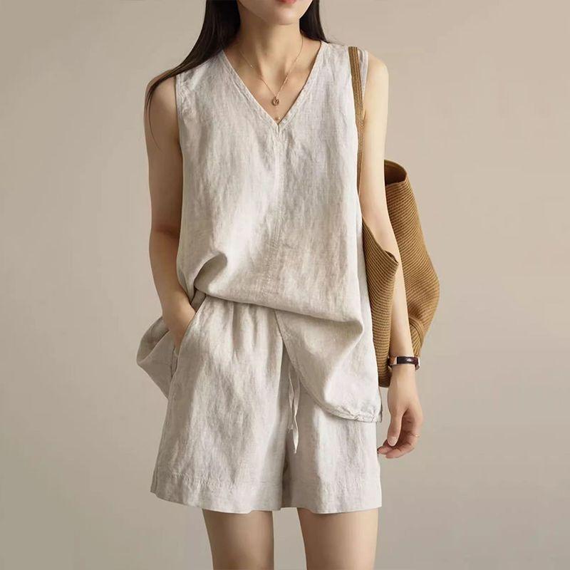 Summer Cotton Linen Casual Sleeveless Two-Piece Set Simple Top Shorts Fashion Design Comfortable Polyester Blend Women's Outfit