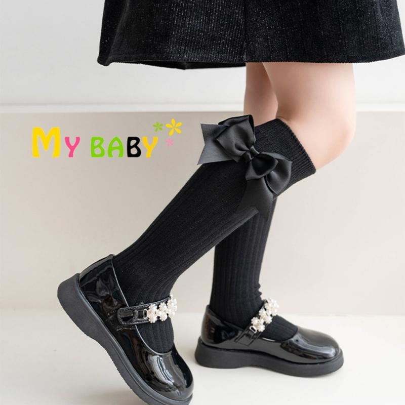 Girls Knee High Cotton Socks Big Ribbons Bow Back To School Socks, Ribbons Bows Long Socks Uniform Party Wear Stockings