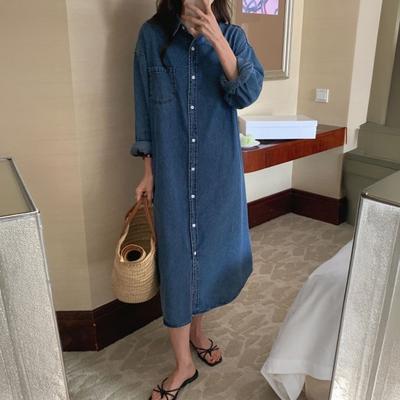 Abito Camicia di Jeans da Donna Maniche Lunghe Arrotolabili Abbottonato Abito Maxi Estivo Casual con Rever Ampio Stile Shift Jeans con Tasca