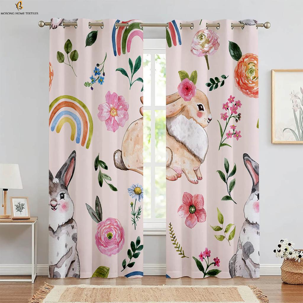 Set Of 2 Easter Decorative Curtains Retro Cartoon Rabbit Print Bedroom Living Room Children Curtain For Sitting Made Polyester