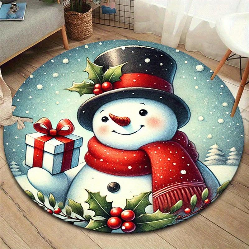 

1pc Soft, Absorbent & Non-Slip Snowman Holding A Gift Round Rug, Perfect for Entryway, Living Room, Bedroom Decor, Machine Washable Flannel 80cm by 80cm