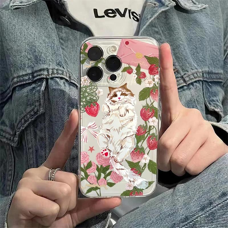 Cute Ragdoll Cat Strawberry Rose Case for iPhone 17 Air 16 15 14 Plus 13 12 Mini 11 Pro Max Liquid Silicone Soft Cover funda