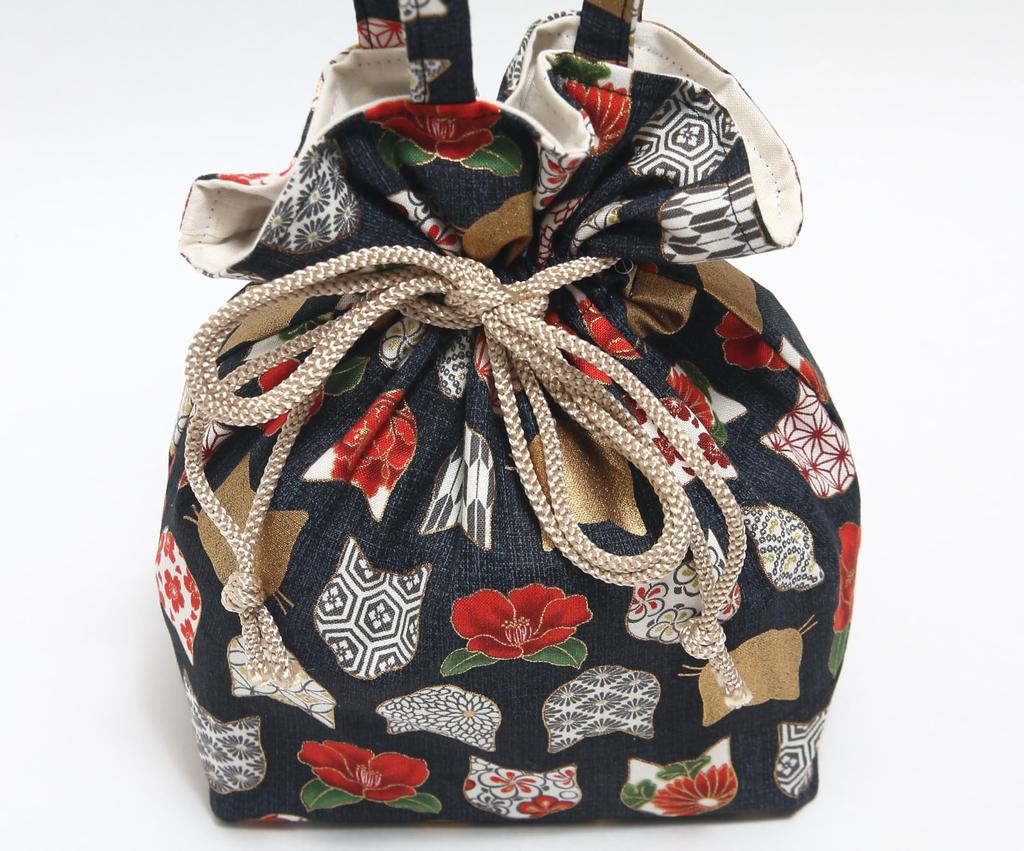 Hasegawa Cat Print Drawstring Bag with Made In Japan Handle, (Cat Silhouette/Black)