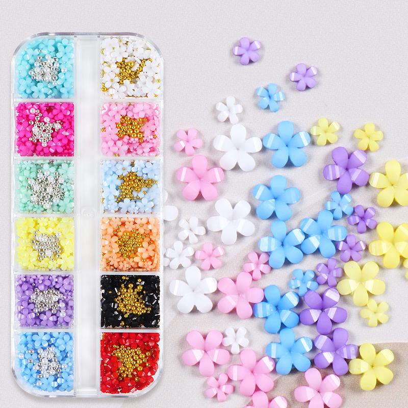 1 Set 3D Acrylic Flower for Nails Charms Summer Decoration Rhinestones Pearl Beads Parts Nail Supplies Accessories Mixed 3/6mm