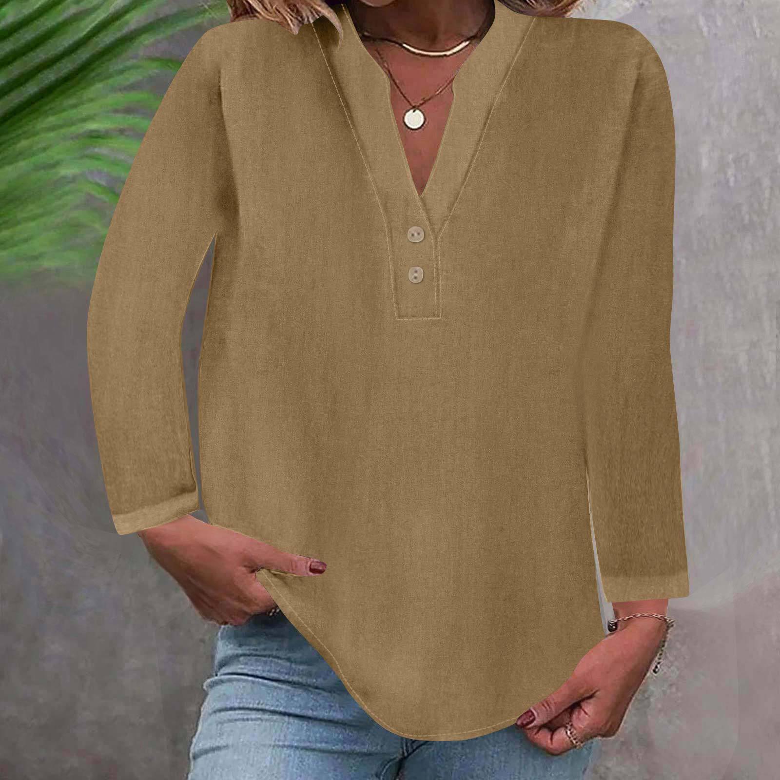 

2024 Autumn European & American Women s Bamboo Cotton Linen Long Sleeve Solid Pullover Shirt S бежевий