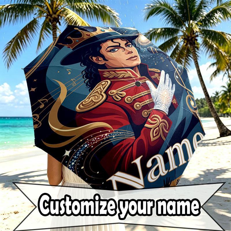 Custom Name Personalized Michael Jackson POP Print Umbrella, Auto Open Close, 8‑Rib Sturdy Frame, Commute Camping Hiking Use, Birthday Gift