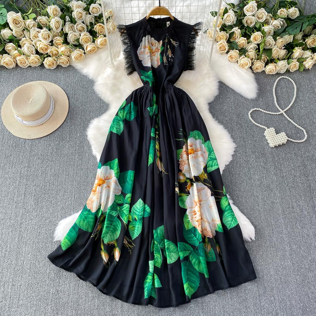 Summer Women Flying Sleeve Print Bling Diamonds Flower Long Maxi Holiday Seaside Dresses
