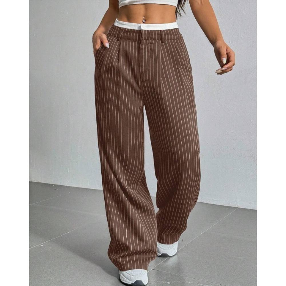 Women's Trousers Japanese and Korean Casual High Waist Color Matching Simple Drape Striped Straight Trousers Wide Legs