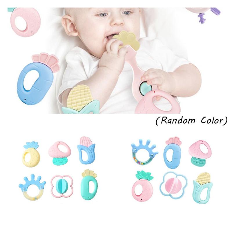 Baby 6pcs Silicone Rattle Set Infant Food Shaped Molar Stick Teething Toys Chew