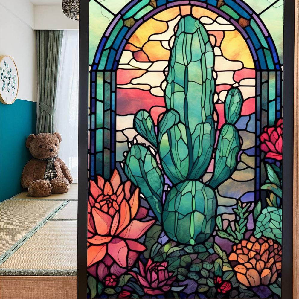 Colorful Retro Floral & Bird Static Cling Window Film - No Glue, Removable