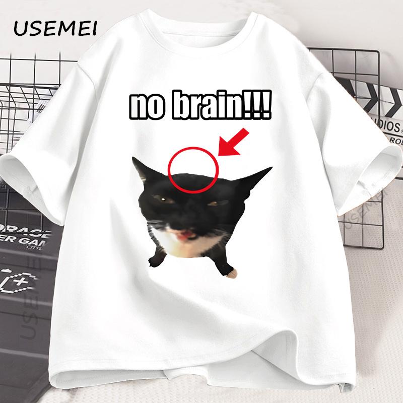 No Brain Cat T-Shirt Funny Unisex Tee Cat Lovers Joke Humor Cute Kawaii Tshirt Male Casual Short Sleeve Tees Mens Clothing