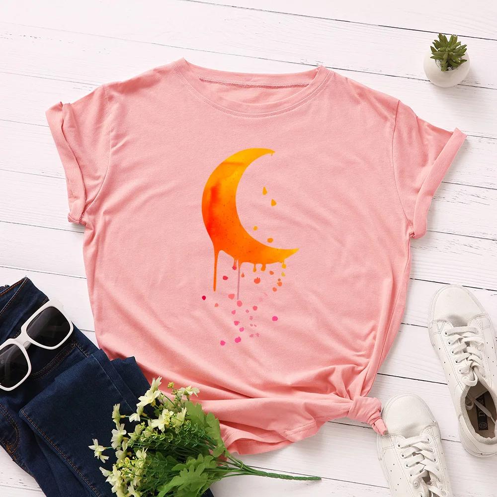 Orange Moon Print T Shirt Women Short Sleeve O Neck Loose Tshirt Summer Women Tee Shirt Tops Camisetas Mujer