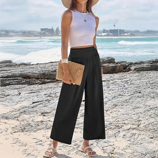 Casual Pants Anti-Wrinkle Elastic Waistband Long Pants with Pockets Pure Color Loose Fit Wide