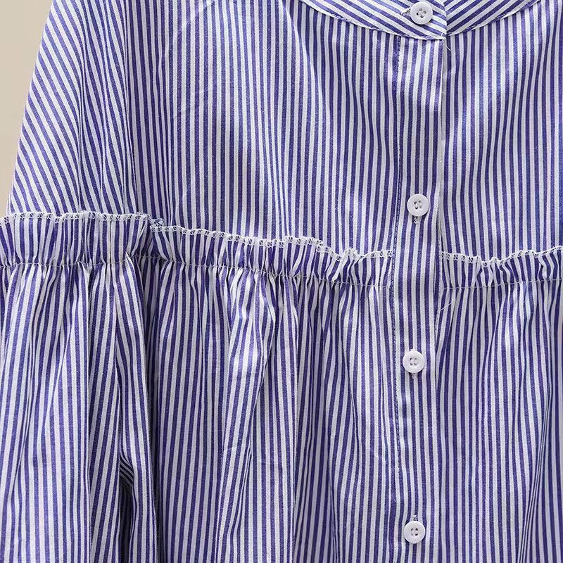 Spring Fashion Casual Stand Collar Striped Shirt Women's Versatile Ninth Sleeve Lace Shirt