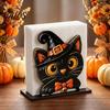 Autumn Harvest Table Ornament Halloween Wooden Napkin Holder, Cute Black Cat Mummy Pumpkin Holiday Party Supplies Desktop Organizer for Party, Spooky