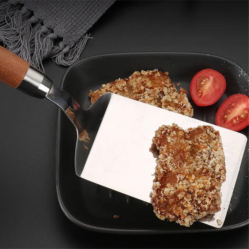 Stainless Steel Square Head Steak Cooking Spatula Pizza Shovel Pancake Beef Turner Scraper Wood Handle BBQ Utensils for Kitchen