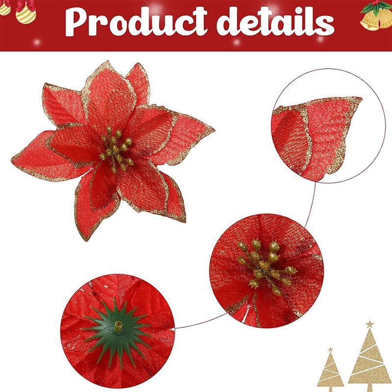 5/10Pcs Glitter Christmas Decoration 13cm Artificial Flowers Xmas Tree Ornament for Home Decor Navidad New Year 2026 Accessories