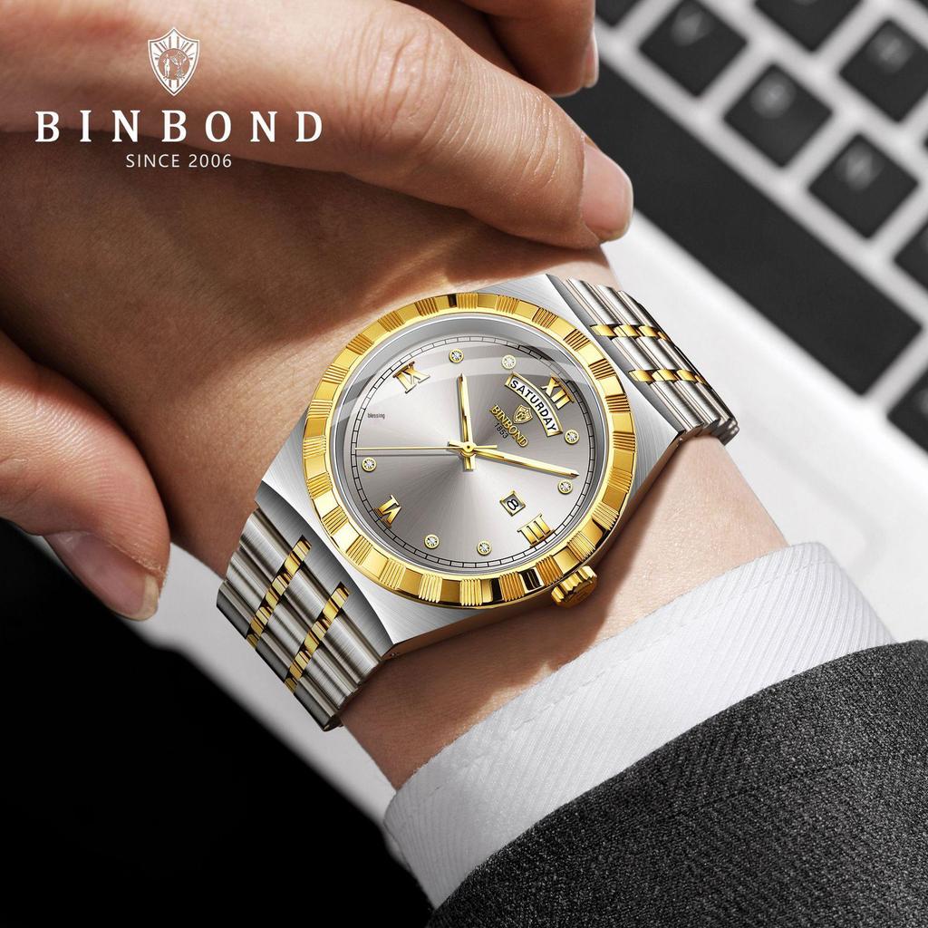 BINBOND Luxury Ultra-Thin Men's Quartz Watch, Rhinestones, Waterproof, Luminous Double Calendar Wristwatch.