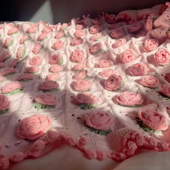 Yousheng DIY Crochet Rose Flower Blanket Kit Handmade Yarn Knitting Floral Throw Blanket Mother's Day Valentines Day Birthday Women Beginner Gift