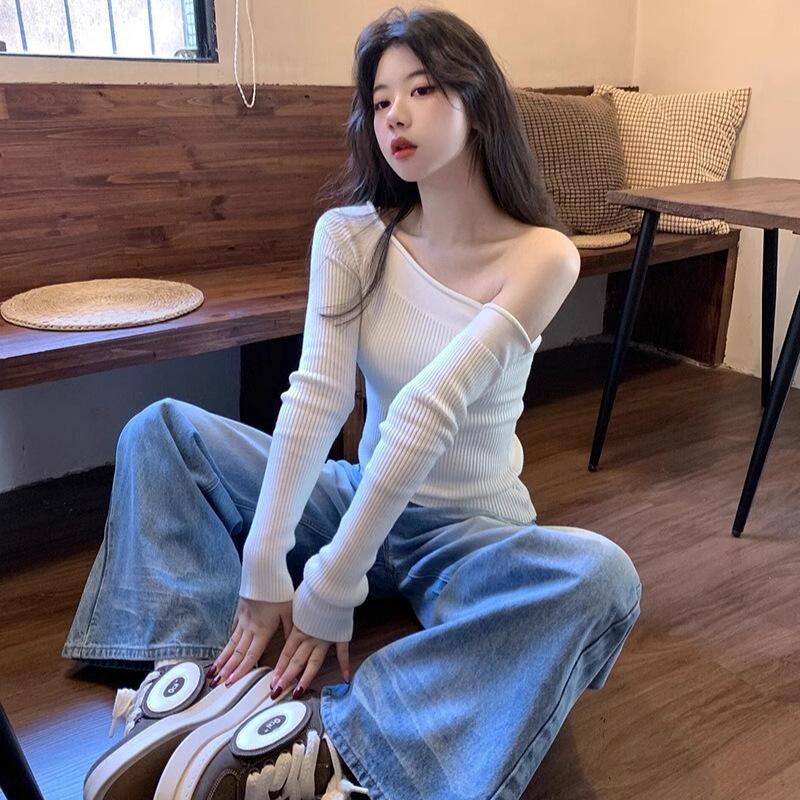 

Пряжа с сердцевиной, одноплечевая трикотажная футболка с длинным рукавом однотонного цвета, прилегающая белая осенне-зимняя рубашка в стиле Spice Girl One size fits all белый