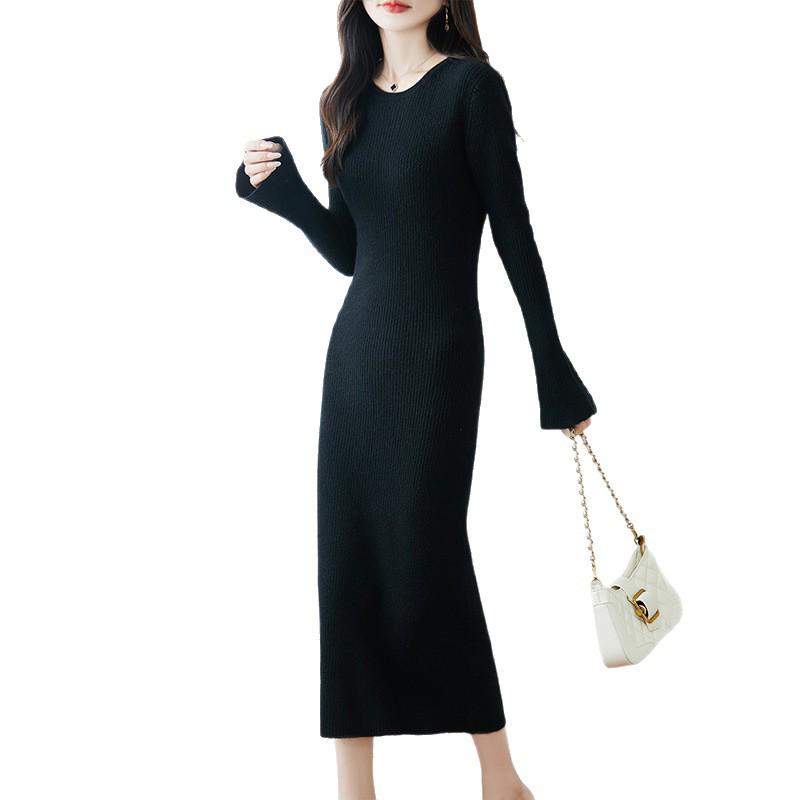 Women's Knee-Length Pure Wool Bell Sleeve Knit Dress - Autumn Winter Slim Fit