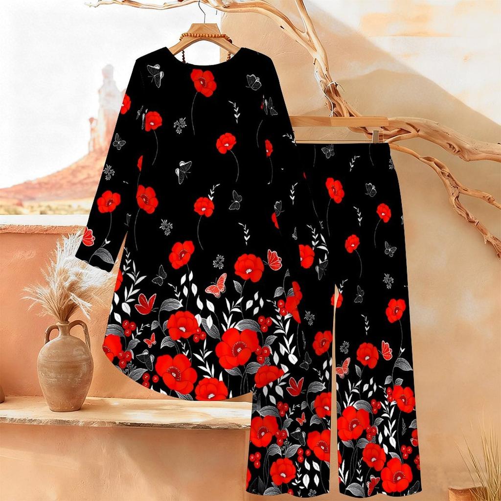 Distressed Floral Print Two Piece Outfit Women Long Sleeve Irregular Hem Tunic Top Wide Leg Pants Casual Matching Set