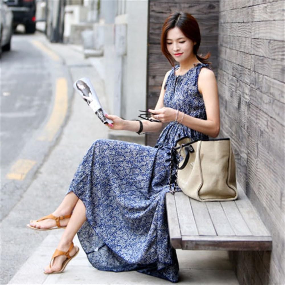 Crew Neck Sleeveless Camisole Long Floral Skirt [SDSXZWG] Women's Skirt, Cotton, Print, A-Line Vest, Relaxed, Elegant, Resort, Beach, Spring/Summer