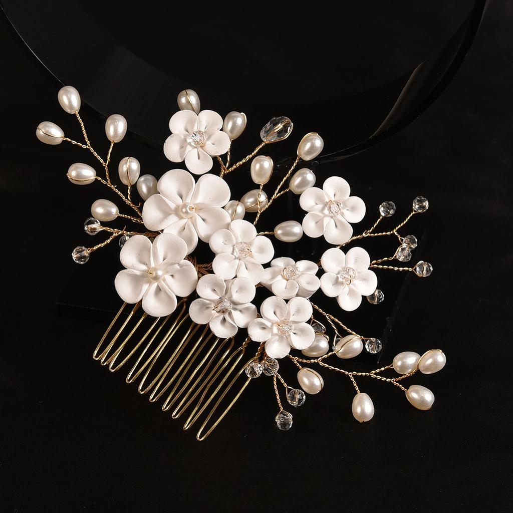 Bridal Wedding Hair Accessories Golden Hollow Flower Pearl Crystal Comb Europe and America Cross Border Factory Direct Sales