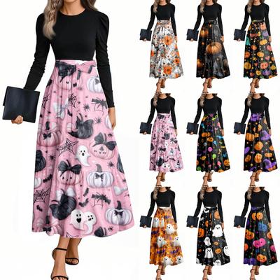 Damska Moda Casual Sukienki z Paskiem z Długim Rękawem z Okrągłym Dekoltem z Nadrukiem Halloween Eleganckie z Temperamentem