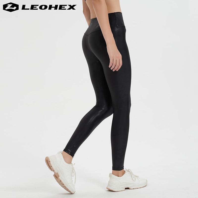 [LEOHEX] Ladies Stretch Lycra Leggings Pants Sexy Luster High Waist Tights (black, L)
