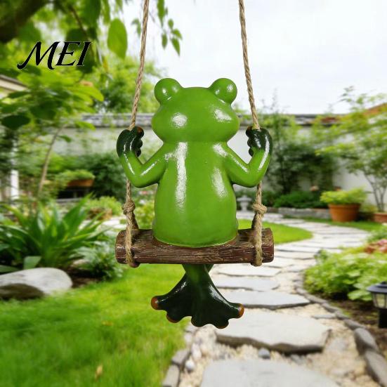 Pastoral Style Outdoor Decor Garden Swing Frog Statue, Resin Hanging Ornament, Whimsical Hand Painted Crafts Cute Figurine for Front Porch Yard