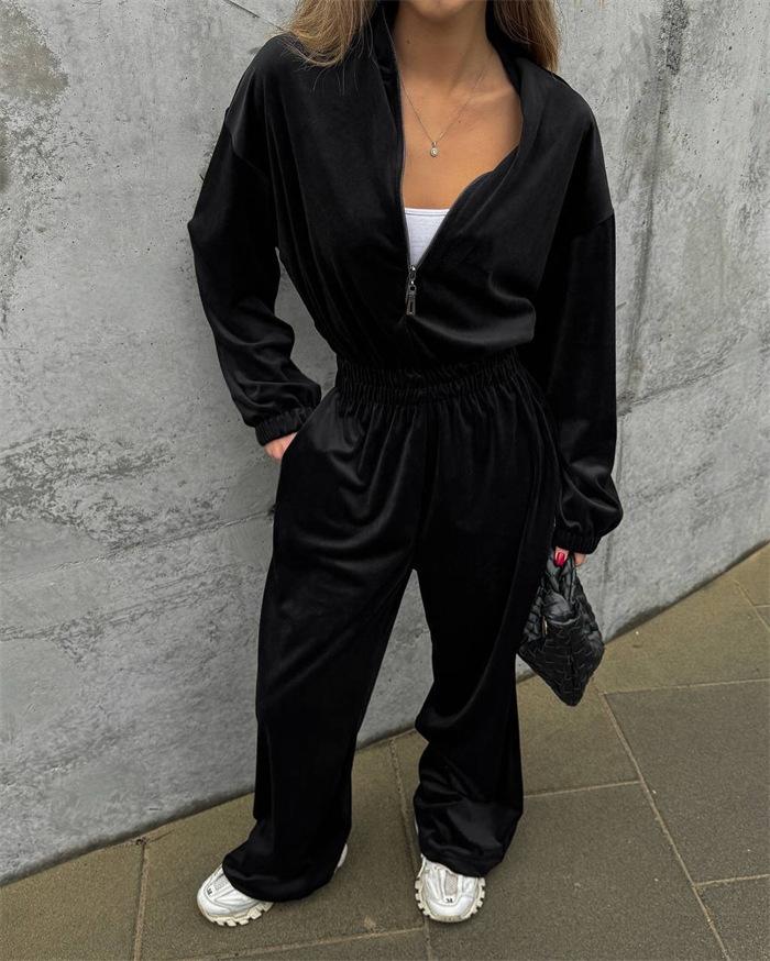 European and American Autumn and Winter Women's New Fashion Long-sleeved Jumpsuit Women's Casual Semi-open Elastic Waist Jumpsuit
