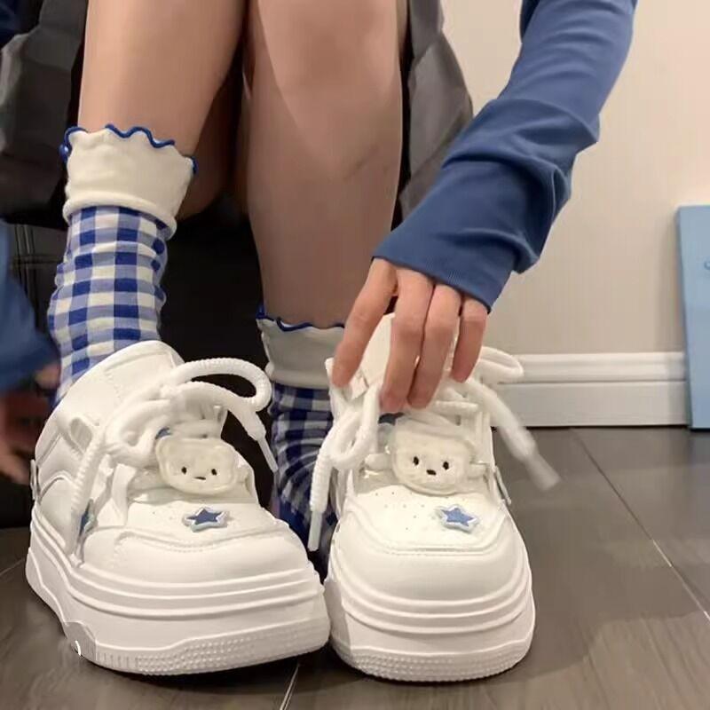 Fashion Women Kawaii Blue Platform Sneakers Korean White Shoes Spring Summer Vulcanize Cute Casual Footwear Skateboard Tennis Female