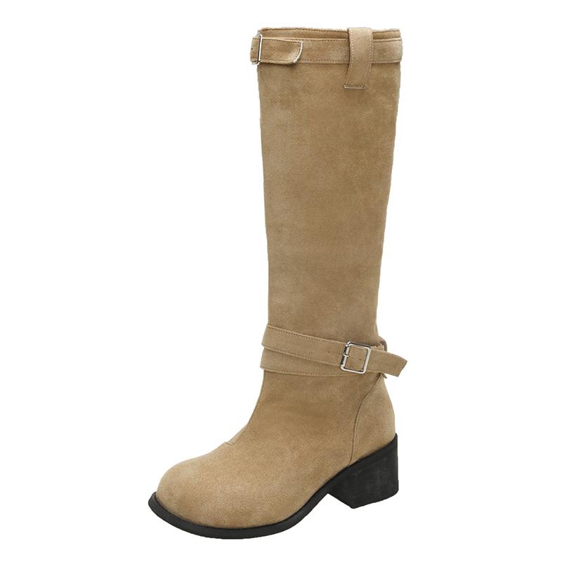 Belt Buckle Pleated Stacked Boots Women New Retro Chunky Heel Thick Bottom Mid-calf Boots Street Fashion Western Cowboy Botas