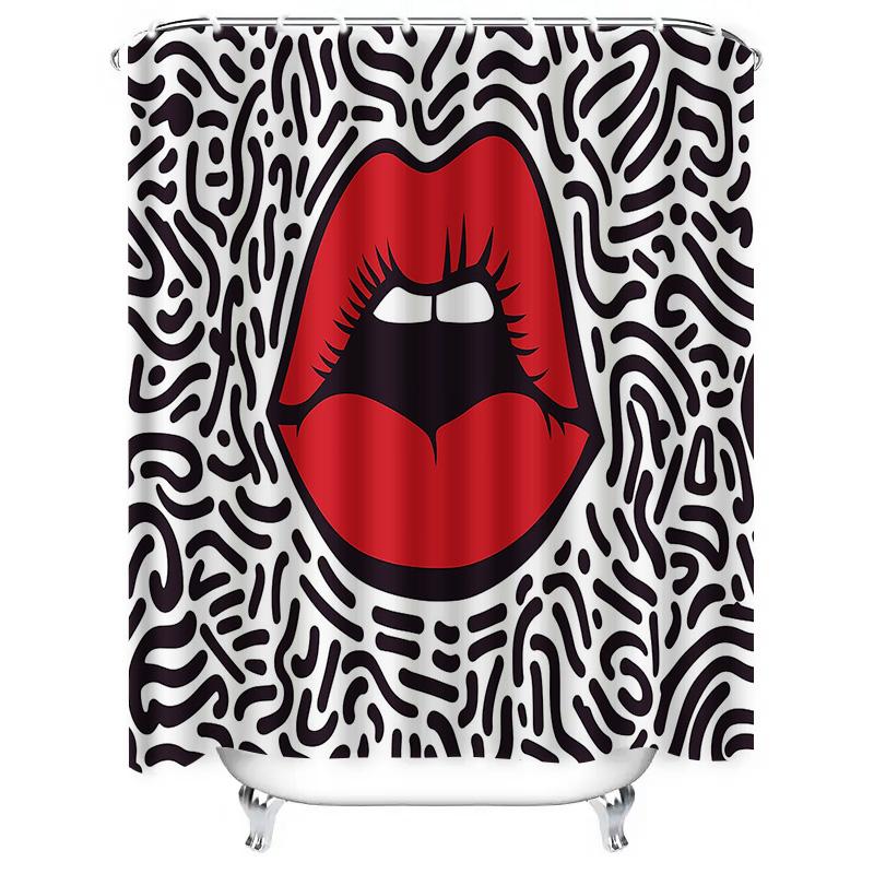 Hippie Lip Print Shower Curtain Waterproof Bathroom Decor Modern Design Black White Red Pattern 3D Printed Fabric Shampoo Bottle