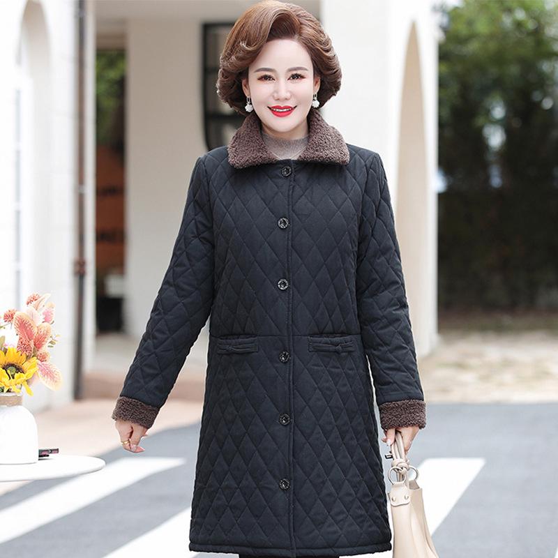 

Мамина зимняя куртка средней длины с цветочным принтом - на флисовой подкладке и утепленная для тепла, идеально подходит для женщин среднего и пожилого возраста 5XL for 145-160 jin