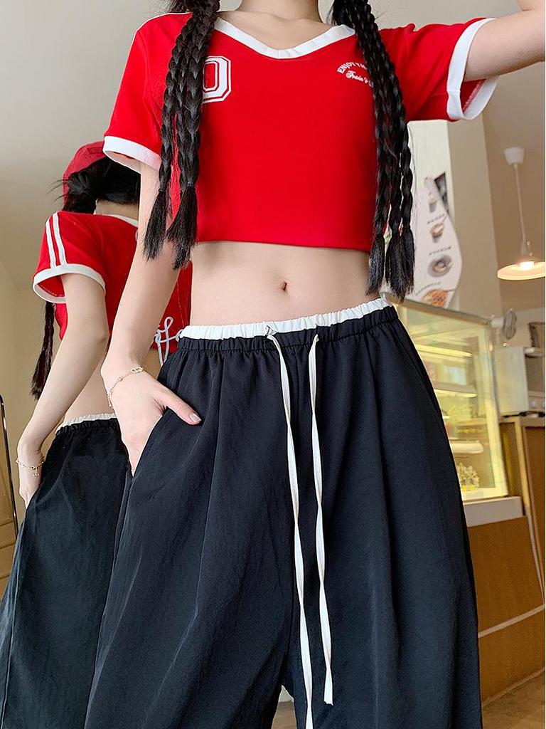 Korean Retro Colorblock Ice Silk Wide-Leg Summer Pants for Women