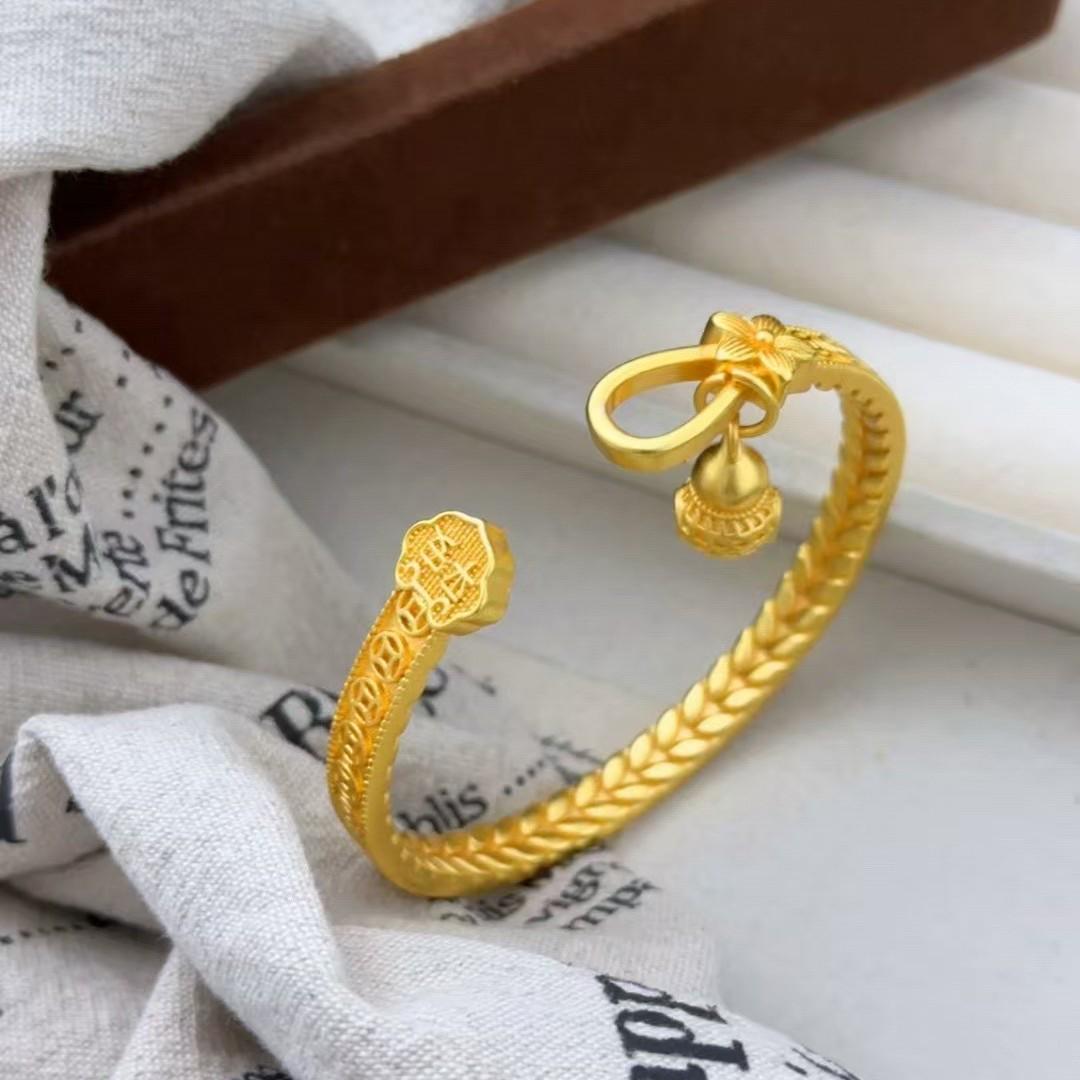 

Vietnamese Sand Gold Chinese Style Bangle with Peace Lock and Lotus Pod - Retro Auspicious Bracelet