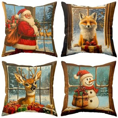 Christmas Pillowcases: Santa, Fox, Deer & Snowman Designs Sofa Bed Cushion Cover, New Year Home Decoration